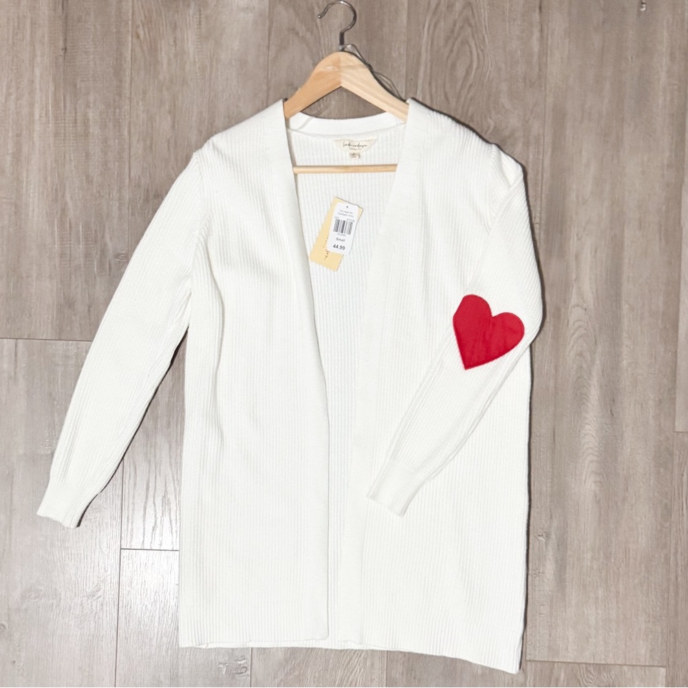 Ivory Cardigan Sweater with Red Heart Accent